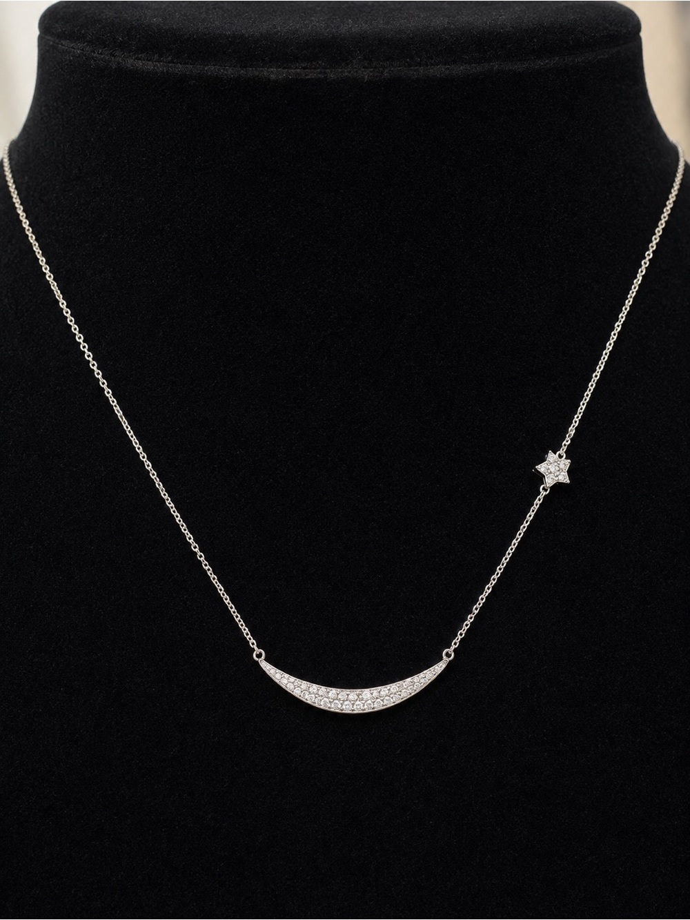 Silver 925 Moissanite  Crescent and Star Necklace - Women Jewelry